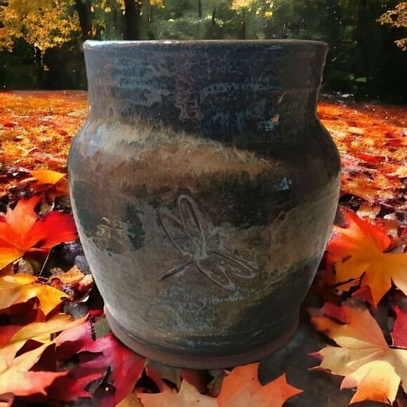 BEBE Pottery Raku Fired Vase Dragonfly Studio Jardiniere Pot Rustic Farmhouse - Picture 1 of 15